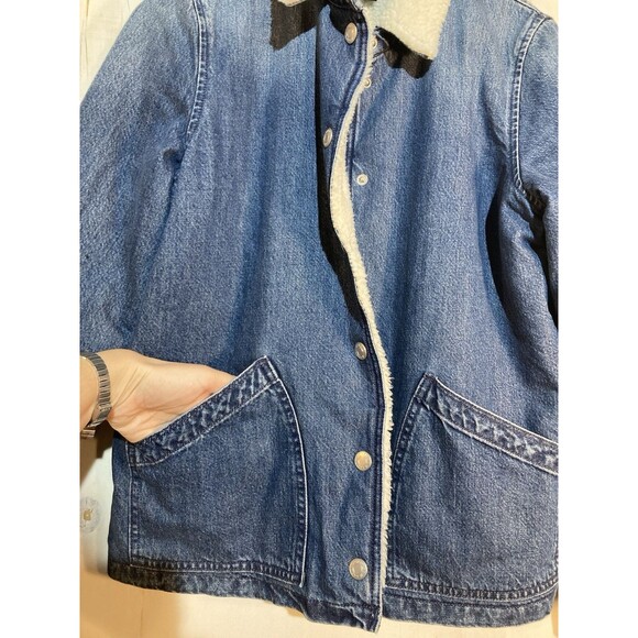 J Crew Jean Trucker Jacket Sherpa Lined Women’s Medium Blue Denim Button Up - Picture 5 of 9
